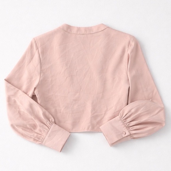 Mimosa Women Sm Blush Pink Crop L/S V-Neck Button Blouse Top Silky Balletcore - Picture 2 of 5